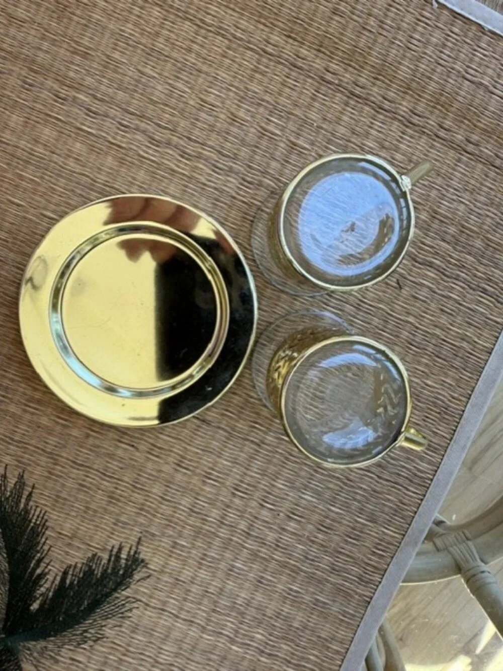 Lot of 2 Vintage Glass Espresso Cup Metal Glasses Gold Coffee with Plate